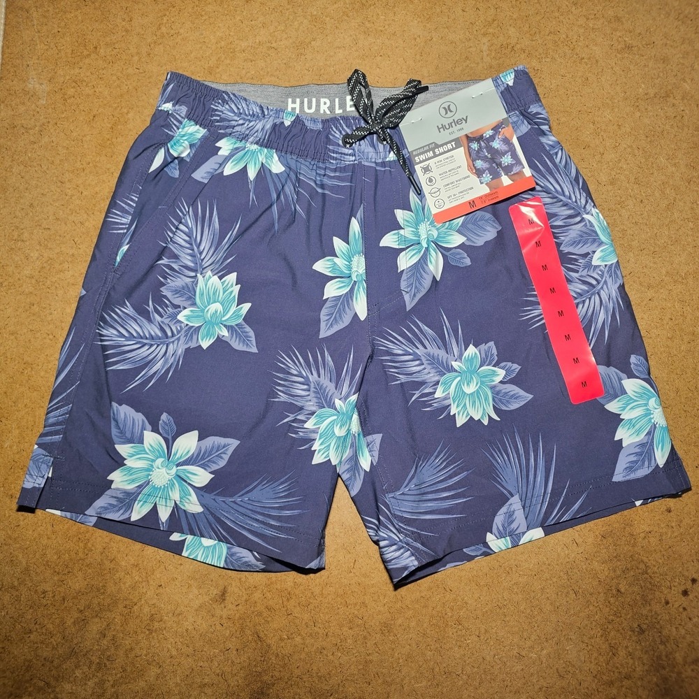 Hurley Mens Medium Dark Blue Floral Beach Swim Short Regular Fit
